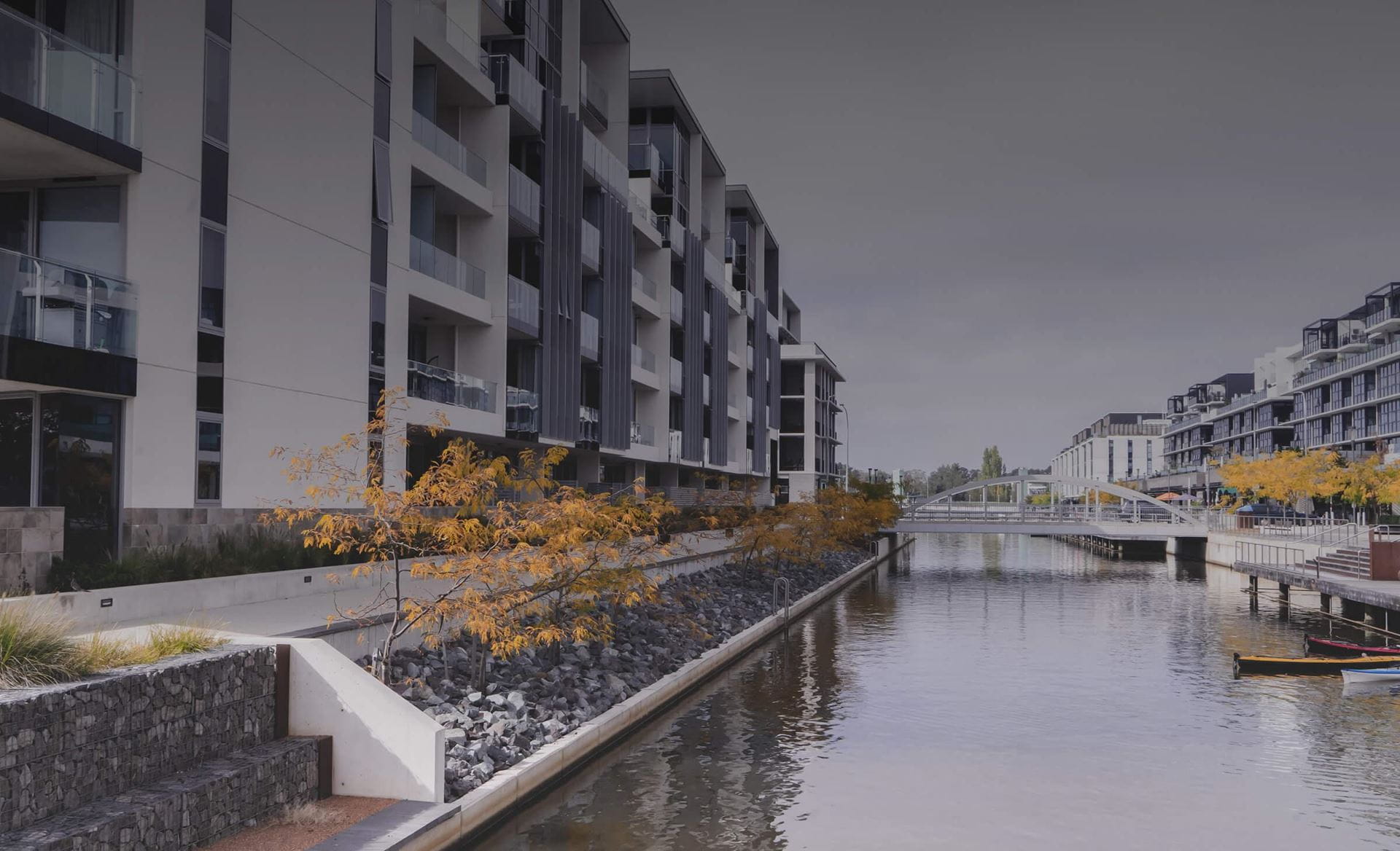 A row of waterfront apartments.