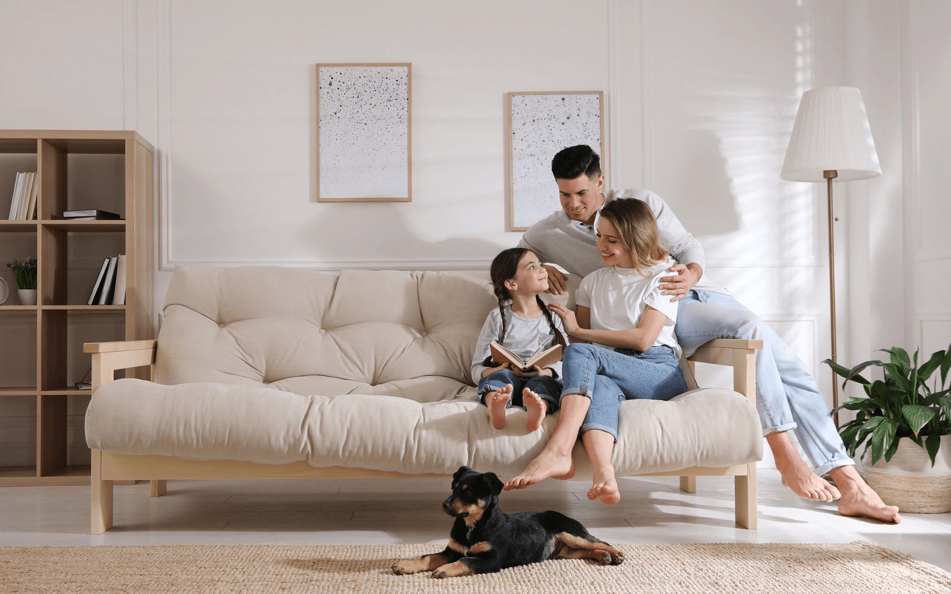 Family on couch heating and cooling upgrade
