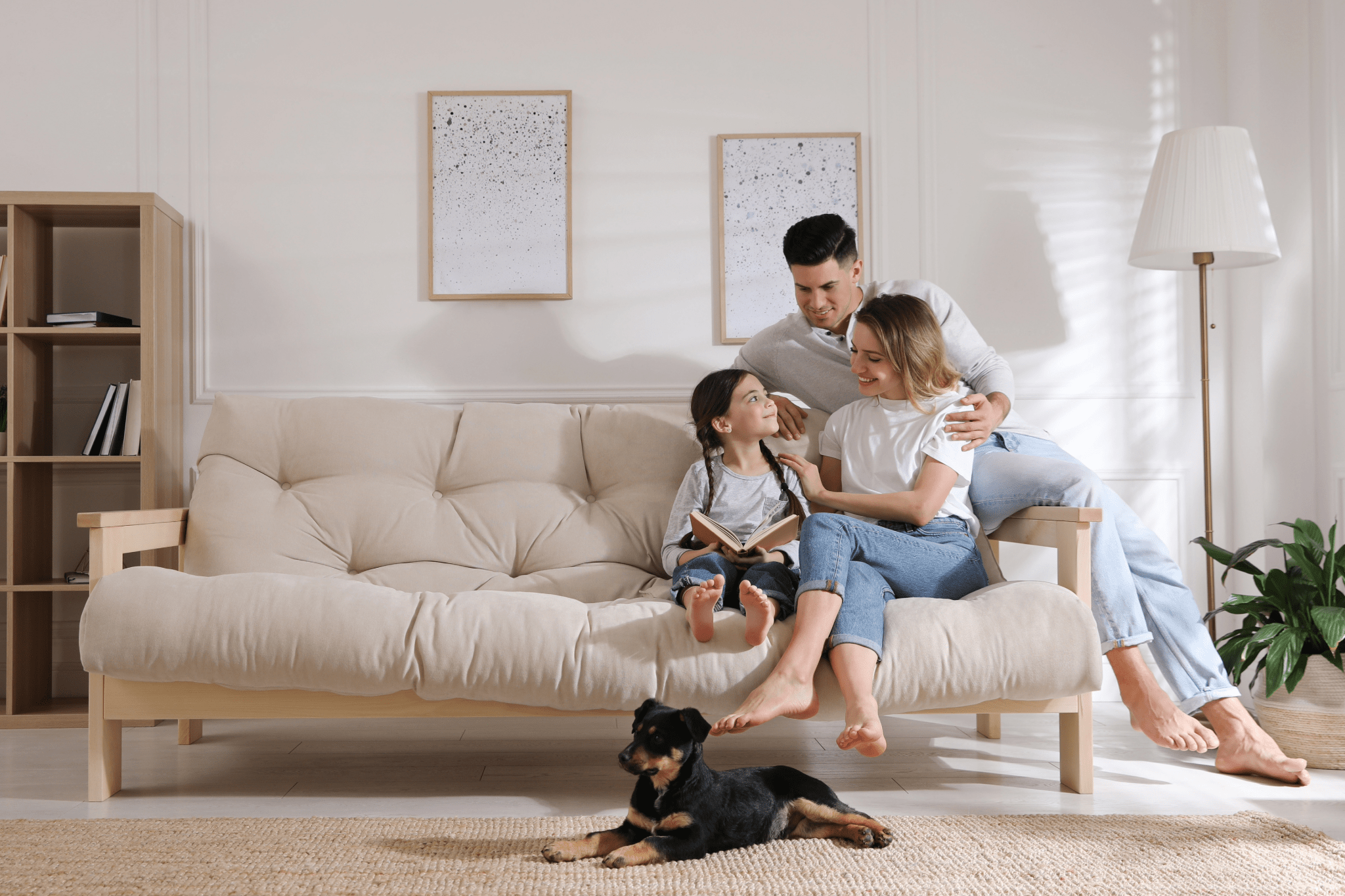 Family on couch heating and cooling upgrade